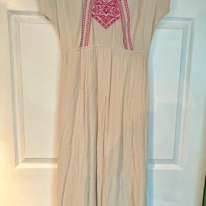 Boho Cream Maxi Dress with Pink Embroidery